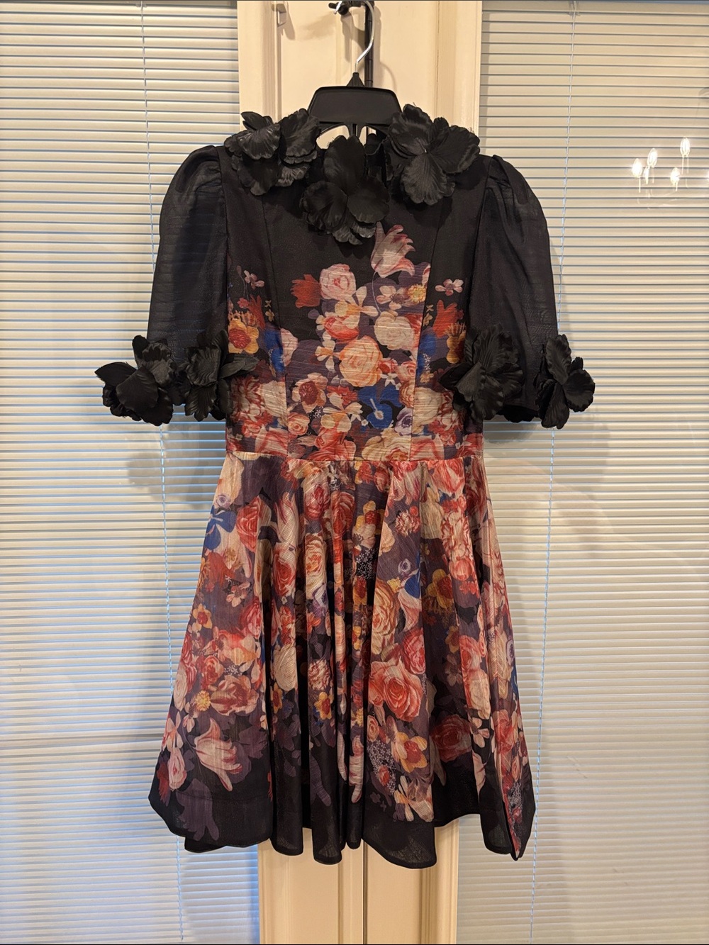 Black Floral Print Dress with 3D Flower Trim